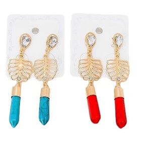 Gold Earrings with Red and Blue Stones New